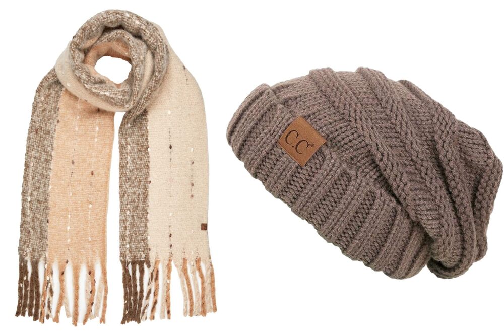 3556 2 Pack Oblong Fringe Scarf Wide Stripe - Beige & Oversized Beanie